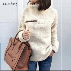 Last one! CREAM Soft Fleece Pullover Sweater Top Funnel Neck  - NEW!